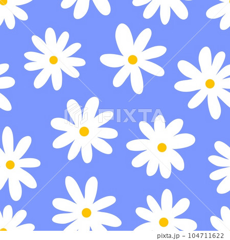 Pattern daisy. Simple flower print. White chamomile on blue seamless background, spring flowers repeat fabric texture, doodle bloom flat wallpaper. Vector illustration 104711622
