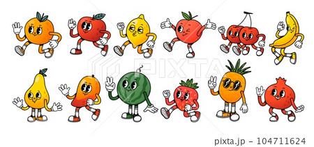 Cartoon mascot fruit. Retro fruits character with legs and hands, cute face expression. Walking orange, running apple, staying watermelon, happy banana. Vector set 104711624