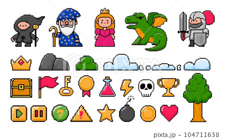 Pixel bit game element. Retro 8bit video game, arcade character, old computer interface button, digital princess and dragon, console pixels elements. Vector set 104711638