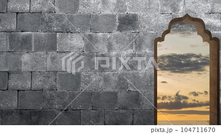 Mosque door arch with landscape view 104711670