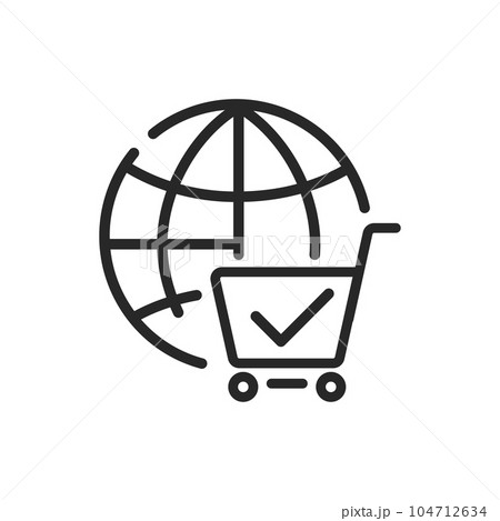 Global Shopping Icon. Vector Linear Editable Sign of a Shopping Cart and Planet Network, Symbolizing E-commerce and International Trade. Ideal for Web, Online Shopping, and Global Business Concepts. Global Shopping Icon. Vector Linear Editable Sign of a Shopping Cart and Planet Network, Symbolizing E-commerce and International Trade. Ideal for Web, Online Shopping, and Global Business Concepts. 104712634