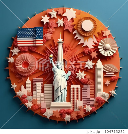 Stars and Stripes in Paper 3D Paper Cut Craft Illustration for 4th of July. 104713222