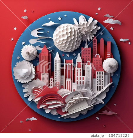 Stars and Stripes in Paper 3D Paper Cut Craft Illustration for 4th of July. 104713223