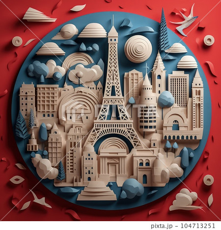 Patriotic Paper Cuts 3D Craft Style Illustration Celebrating Bastille Day. Patriotic Paper Cuts 3D Craft Style Illustration Celebrating Bastille Day. 104713251