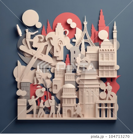 Bastille Day Extravaganza Minimalistic Paper Cut Craft Illustration in 3D Style Bastille Day Extravaganza Minimalistic Paper Cut Craft Illustration in 3D Style 104713270