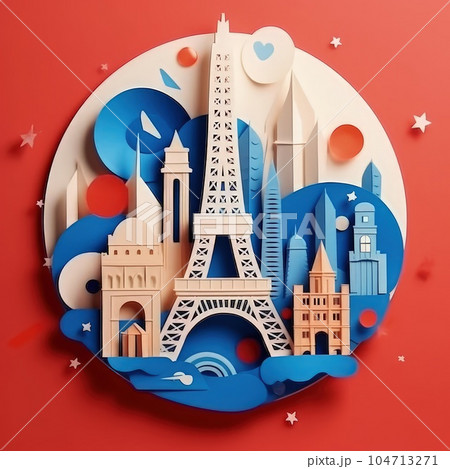 Bastille Day Extravaganza Minimalistic Paper Cut Craft Illustration in 3D Style Bastille Day Extravaganza Minimalistic Paper Cut Craft Illustration in 3D Style 104713271