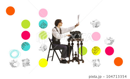 Contemporary art collage. Smart, concentrated, talented man sitting at table and working with retro typewriter. Writer Contemporary art collage. Smart, concentrated, talented man sitting at table and working with retro typewriter. Writer 104713354