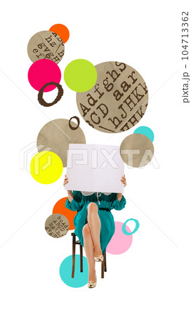 Contemporary art collage. Stylish young woman sitting on chair and reading newspaper. Flow of information 104713362