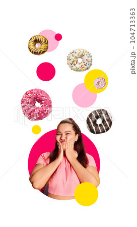 Contemporary art collage. Young overweight woman dreaming about sweet and delicious donuts. Sweets addiction 104713363