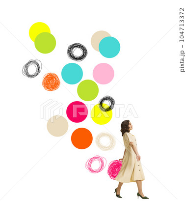 Contemporary art collage. Beautiful young woman in retro style dress walking over white background with colorful elements. Dreams 104713372