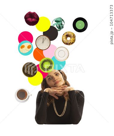 Contemporary art collage. Beautiful young girl with pretty hairstyle thinking about many things. To do list and dreams inside head 104713373