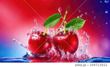 Cherries in water splash on red background. Generative AI 104713812