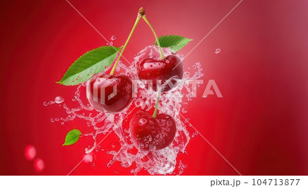Cherries in water splash on red background. Generative AI Cherries in water splash on red background. Generative AI 104713877