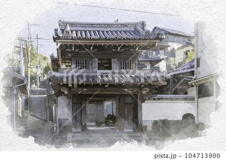 水彩画風　室津　徳乗寺　鐘楼門　兵庫県たつの市御津町 104713900