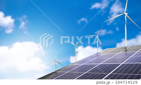 Solar Panel energy with Wind Mill on Blue Sky Background,Photovoltaic Engineer,System Electric windmill Sustainable Farm Green Co2,Turbine Renewable Innovation Generator Nature Environment,Cell Power. Solar Panel energy with Wind Mill on Blue Sky Background,Photovoltaic Engineer,System Electric windmill Sustainable Farm Green Co2,Turbine Renewable Innovation Generator Nature Environment,Cell Power. 104714529