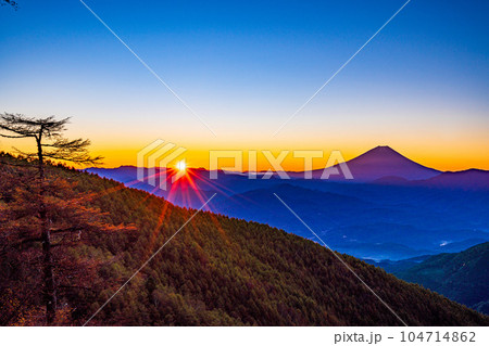 （山梨県）紅葉の櫛形山から望む富士山　日の出 104714862