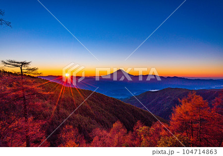 （山梨県）紅葉の櫛形山から望む富士山　日の出 104714863