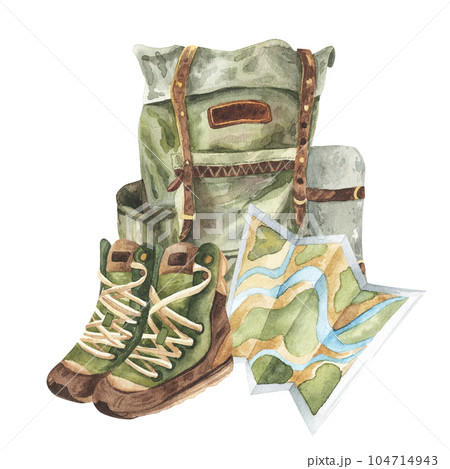 Green vintage backpack and hiking boots with map. Hand drawn watercolor illustration isolated on white background. Camping, travel, hiking concept. For stickers, design, web 104714943