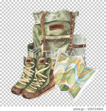 Green vintage backpack and hiking boots with map. Hand drawn watercolor illustration isolated on white background. Camping, travel, hiking concept. For stickers, design, web Green vintage backpack and hiking boots with map. Hand drawn watercolor illustration isolated on white background. Camping, travel, hiking concept. For stickers, design, web 104714943