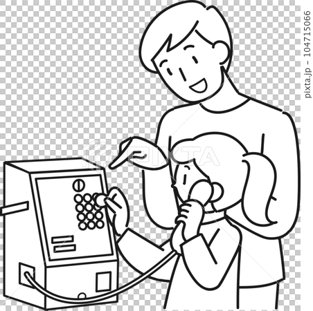 Girl practicing calling with man teaching how to use payphone 104715066