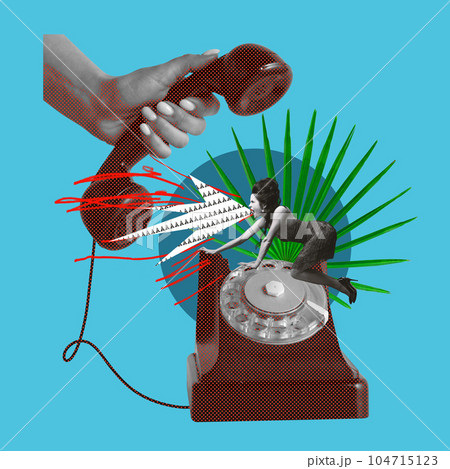 Contemporary art collage. Young expressive beautiful woman, queen emotionally shouting on phone over abstract background Contemporary art collage. Young expressive beautiful woman, queen emotionally shouting on phone over abstract background 104715123