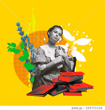 Contemporary art collage. Tender dreamy young girl standing with many books over bright yellow background Contemporary art collage. Tender dreamy young girl standing with many books over bright yellow background 104715126