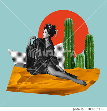 Contemporary art collage. Elegant young asian woman in silk clothes sitting over abstract background 104715127