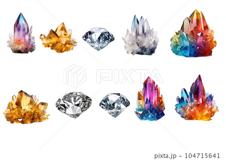 A large set of colored and gold crystals. Isolated flat vector illustration A large set of colored and gold crystals. Isolated flat vector illustration 104715641