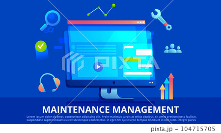 Maintenance management vector banner. Screen with website and icon with tools 104715705