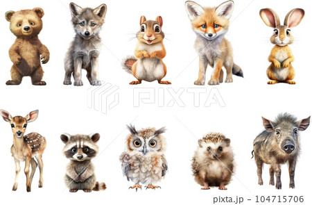 Safari Animal set bear, wolf, squirrel, fox, hare, deer, raccoon, owl, hedgehog, wild boar in watercolor style. Isolated flat vector illustration 104715706