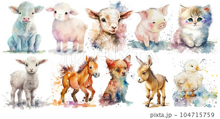 Safari Animal set cow, pig, goat, dog, cat, sheep, horse, donkey, duck, lamb in watercolor style. Isolated vector illustration 104715759