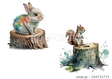 Safari Animal set squirrel and hare on a stump in watercolor style. Isolated vector illustration Safari Animal set squirrel and hare on a stump in watercolor style. Isolated vector illustration 104715773
