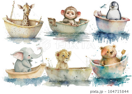 Safari Animal set elephant, monkey, bear, lion, giraffe, penguin in a boat in watercolor style. Isolated vector illustration Safari Animal set elephant, monkey, bear, lion, giraffe, penguin in a boat in watercolor style. Isolated vector illustration 104715844