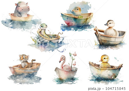 Safari Animal set bird, tiger, duck, snake, flamingo, goose, hippopotamus in a boat in watercolor style. Isolated vector illustration Safari Animal set bird, tiger, duck, snake, flamingo, goose, hippopotamus in a boat in watercolor style. Isolated vector illustration 104715845