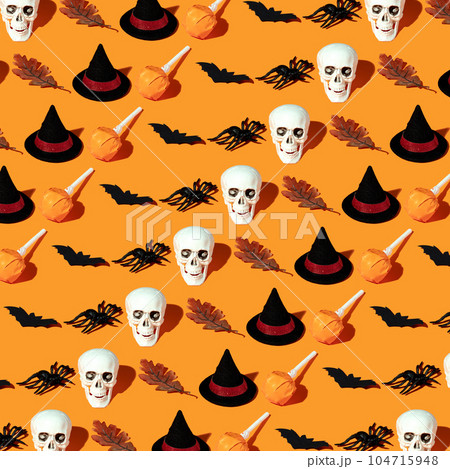 Orange background with collection of Halloween objects, Halloween pattern Orange background with collection of Halloween objects, Halloween pattern 104715948