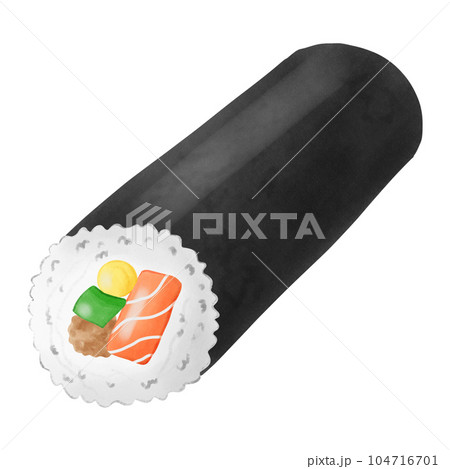 Cute and delicious salmon seaweed maki roll sushi hand draw 104716701