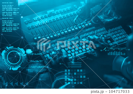 Digital music designer sound engineer with computer keyboard editor and sound mixer cyber futuristic concept. 104717033