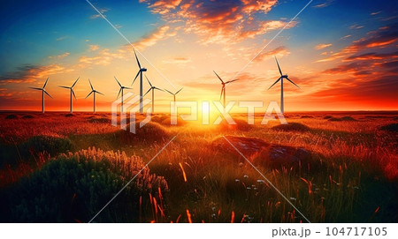 太陽と風力発電が並ぶ平原の風景　AI生成画像 104717105