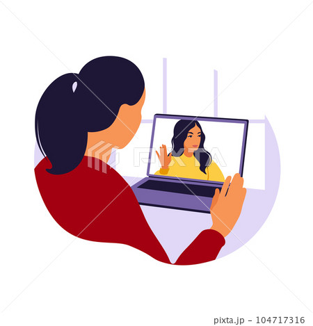 Woman using computer for collective virtual meeting and group video conference. Man at desktop chatting with friends online. Video conference, remote work, technology concept. 104717316