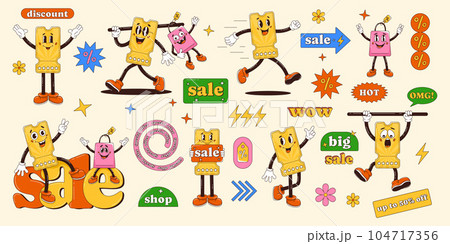 Sale coupon retro groovy character, gloved hands. Vector illustration. Funny trendy cartoon set with element and characters. Bag, discount tag, abstract geometric shapes 104717356