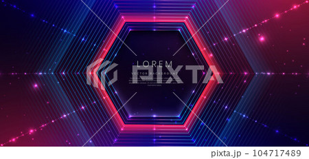 Abstract technology futuristic glowing neon blue and pink hexagon light lines with speed motion moving on dark blue background. Abstract technology futuristic glowing neon blue and pink hexagon light lines with speed motion moving on dark blue background. 104717489
