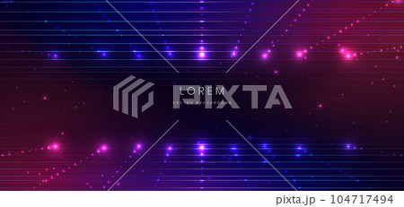 Abstract technology futuristic horizontal glowing lines neon blue and pink light ray on dark blue background with lighting effect. Abstract technology futuristic horizontal glowing lines neon blue and pink light ray on dark blue background with lighting effect. 104717494