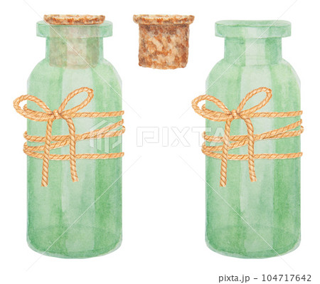 Set of watercolor green glass bottles with cork stopper and rope. Clip art, drawing, sketch, illustration. Stylish original hand-drawn graphic for fashion, spa, beauty, cosmetics, medicine. Set of watercolor green glass bottles with cork stopper and rope. Clip art, drawing, sketch, illustration. Stylish original hand-drawn graphic for fashion, spa, beauty, cosmetics, medicine. 104717642