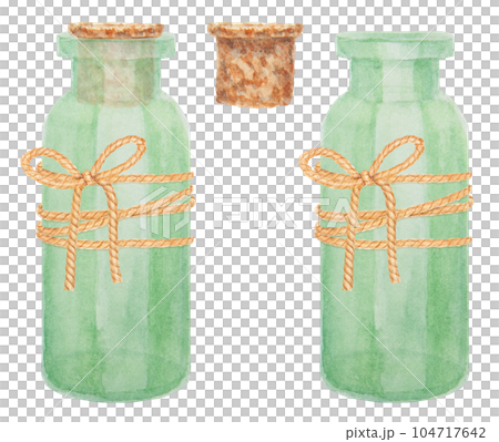 Set of watercolor green glass bottles with cork stopper and rope. Clip art, drawing, sketch, illustration. Stylish original hand-drawn graphic for fashion, spa, beauty, cosmetics, medicine. Set of watercolor green glass bottles with cork stopper and rope. Clip art, drawing, sketch, illustration. Stylish original hand-drawn graphic for fashion, spa, beauty, cosmetics, medicine. 104717642
