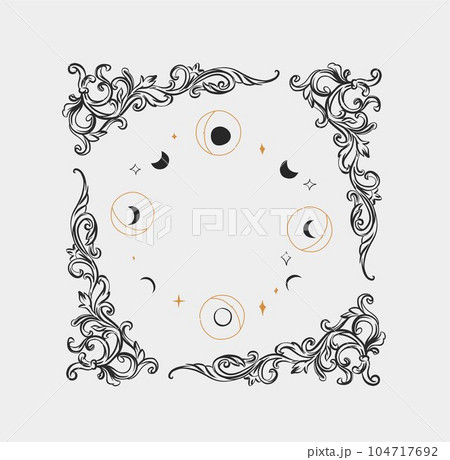Hand drawn vector abstract outline,graphic,line art magic moon phases and stars in minimalistic modern line art style.Moon and star sign graphic design concept. Moon phases vector symbol design. 104717692