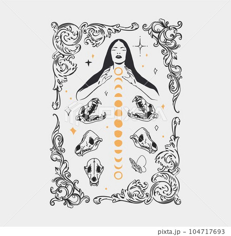 Hand drawn vector abstract,graphic magic witch woman,moon phases and stars in minimalistic modern line art style illustration.Moon and star outline design concept.Celestial witch sacred boho female. 104717693
