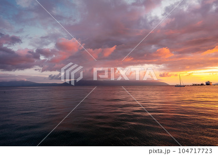 Sunset view over the bay, shot from drone, red sky, in Albania 104717723