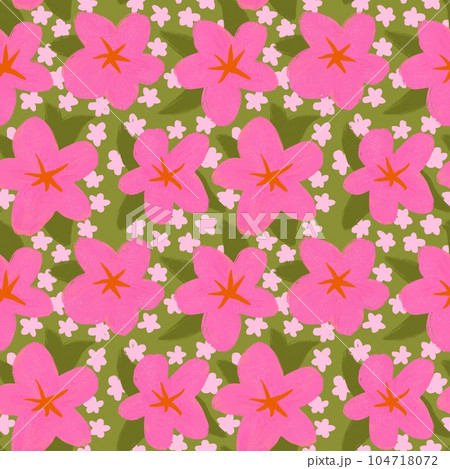 Hand drawn seamless pattern with pink green shabby chic flower floral elements lines dots leaves, ditsy summer spring botanical nature print, bloom blossom stylized petals. 104718072