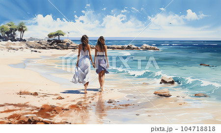 南国の青い空の下、美しい浜辺を歩く二人の若い女性：水彩画