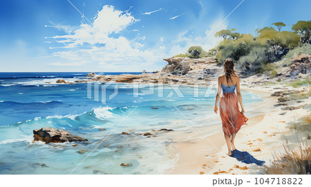 南国の青い空の下、美しい浜辺を歩く若い女性：水彩画